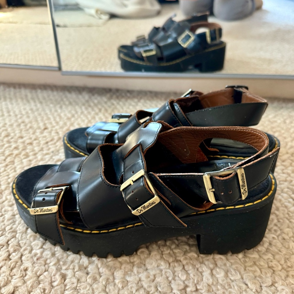 Dr. Martens platform black leather sandal, size 8